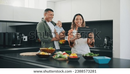 Family, tablet and selfie in kitchen, smile and internet on technology, cooking and memory. Happy parents and baby, profile picture and mobile app or cooking, digital and online or bonding in home