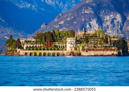 Isola Bella and Stresa town aerial panoramic view. Isola Bella is one of the Borromean Islands of Lago Maggiore in north Italy. Royalty-Free Stock Photo #2388575055