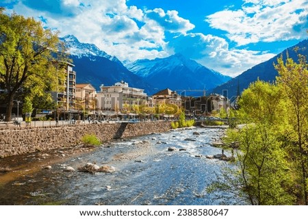 River in Merano city centre view. Merano or Meran is a town in South Tyrol province in northern Italy. Royalty-Free Stock Photo #2388580647