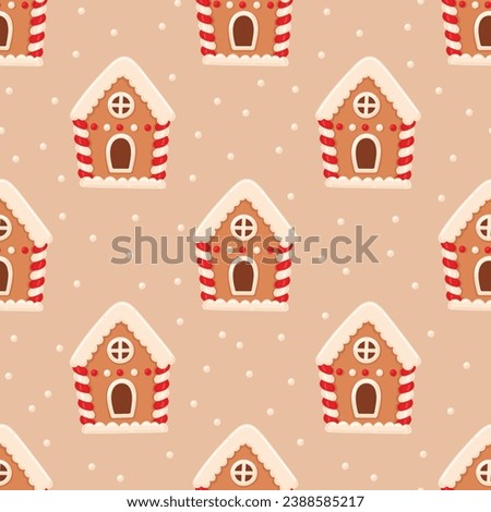 Christmas background with ginger cookie, gingerbread house. Festive traditional cookies with icing. Homemade biscuit. Flat vector illustration. Winter holiday print for packaging, textile, home decor Royalty-Free Stock Photo #2388585217