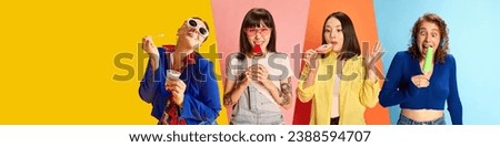 Different young girls emotionally eating against multicolored background. Tasting sweets. Summer vibe. Concept of happiness and excitement, fashion, emotions, youth and enjoyment.