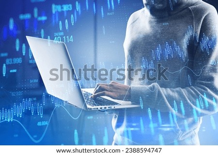 Hacker hands using laptop with glowing candlestick forex chart on blurry office interior background. Stock market and investment concept. Toned image. Double exposure