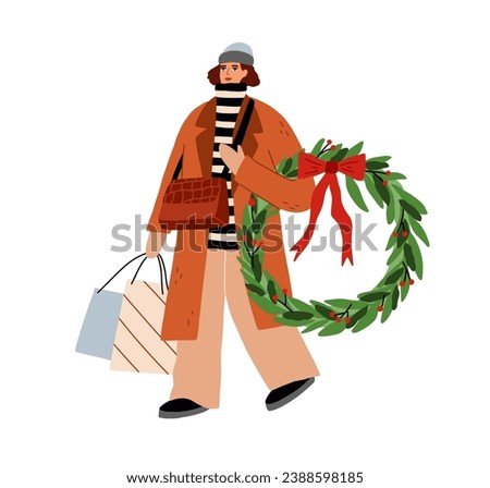 Woman after winter holiday shopping. Happy person carrying bags, walking with Christmas wreath, festive purchases, preparing at Xmas eve. Flat graphic vector illustration isolated on white background Royalty-Free Stock Photo #2388598185