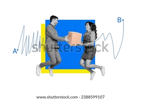 Picture collage poster of happy people celebrate valentine day give receive gift carton box isolated on drawing background