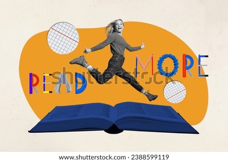 Creative graphics collage painting of excited funky lady jumping enjoying reading isolated drawing background