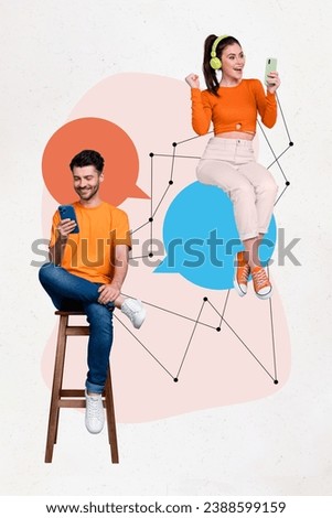 Photo collage artwork minimal picture of happy smiling guy lady chatting instagram twitter telegram facebook isolated creative background