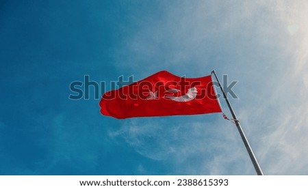 Red Turkish flag hang on the pole against blue sky