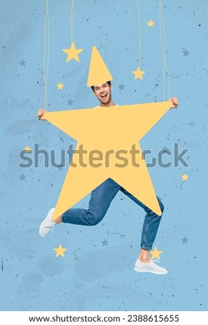 Vertical collage picture of overjoyed guy hands hold big hanging star shape new year decor isolated on blue background