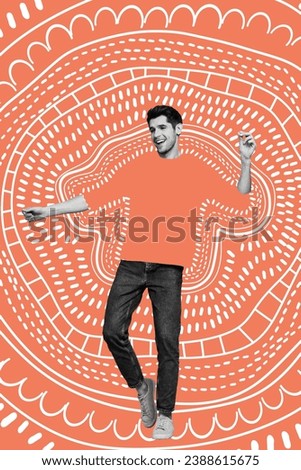 Vertical collage image of overjoyed joyful guy dancing cool party occasion isolated on painted red color background
