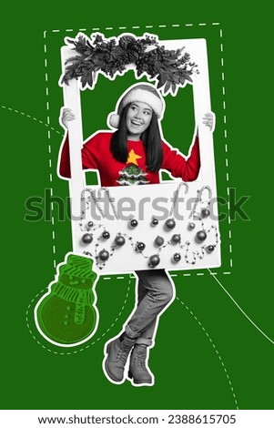 Vertical collage image of excited black white effect girl hands hold decorated new year album card isolated on green background