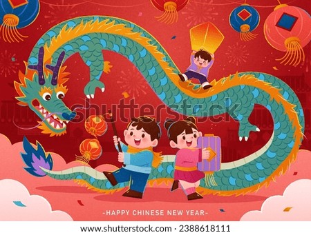 Dragon and children with lanterns celebrating CNY on red background with fireworks and confetti.