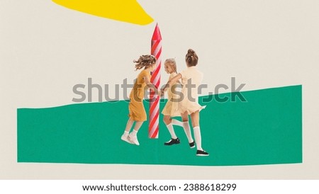 Poster. Contemporary art collage. Modern creative artwork. Happy little children, girls having fun, play ring-around-the-rosy, dance around candle. Concept of celebration, fun, joy, party, inspiration Royalty-Free Stock Photo #2388618299