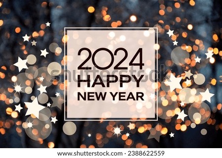 2024 Happy New Year background with christmas golden bokeh lights frame stock images. Happy New Year 2024 greeting card with night defocused lights photo images Royalty-Free Stock Photo #2388622559