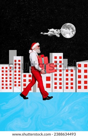 Collage artwork picture of happy santa claus walking delivering new year presents isolated painting background