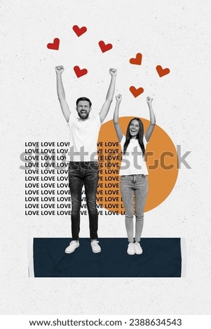 Picture image collage of cheerful happy good mood married people celebrating victory isolated on drawing background