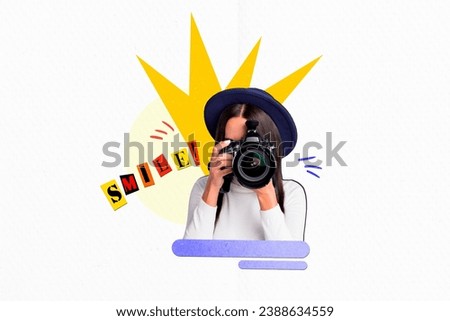 Creative collage image of focused woman in hat photographer shooting flashlight cadre saying smile isolated over white color background