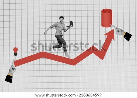 Composite photo contemporary design collage image of young businessman holding notebook jumping up increasing income crypto industry
