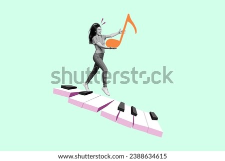Sketch collage image of happy funky girl running piano black white keys isolated on drawing background