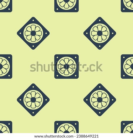 Blue Computer cooler icon isolated seamless pattern on yellow background. PC hardware fan.  Vector
