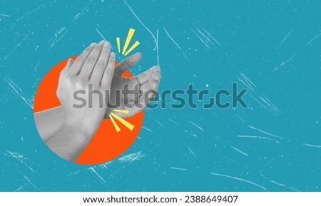 Art collage, clapping palms on blue background with space for text. Concept of victory and applause