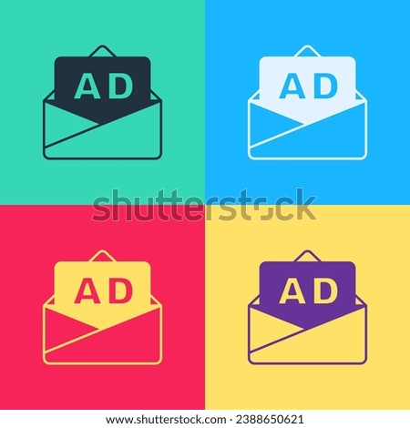Pop art Advertising icon isolated on color background. Concept of marketing and promotion process. Responsive ads. Social media advertising.  Vector
