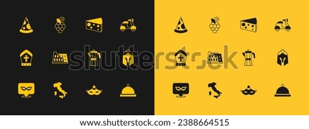 Set Scooter, Map of Italy, Coffee maker moca pot, Carnival mask, Coliseum, Cheese, Slice pizza and Grape fruit icon. Vector