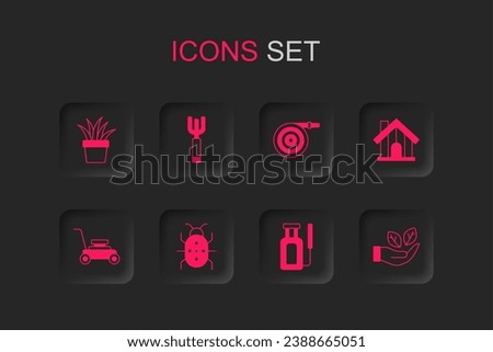 Set Colorado beetle, Garden pitchfork, Plant in pot, sprayer water, Farm house, Leaf hand, hose and Lawn mower icon. Vector