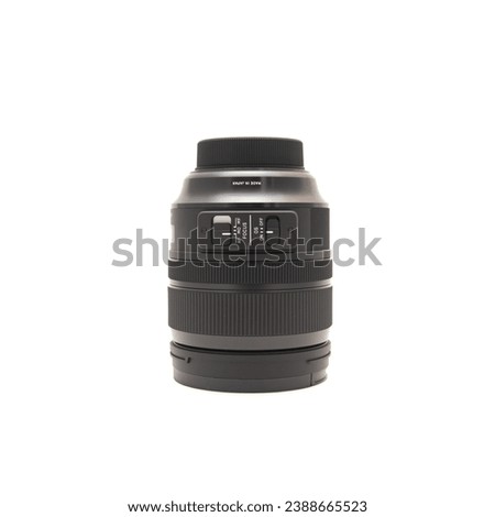 Brand new advanced aspherical landscape lens made in Japan for DSLR full frame camera photography isolated on white background with clipping path copy space. Digital photo equipment accessory