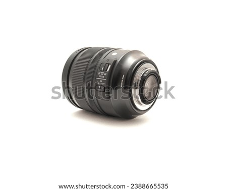 Rear view high-precision, rugged brass bayonet mount, advanced aspherical landscape lens made in Japan for DSLR full frame camera photography isolated on white background. Clipping path copy space