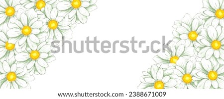 Hand drawn watercolor white chamomile banner border isolated on white background. Can be used for banner, decoration and other printed products