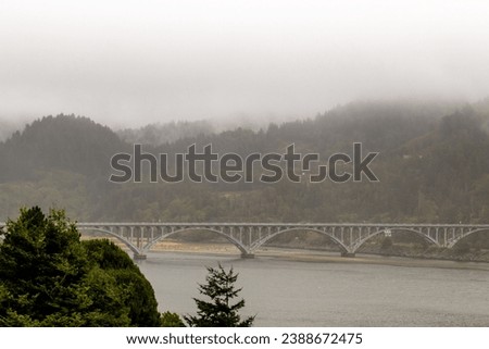 Wedderburn bridge on a stormy day, the bridge on the Oregon coast highway, Gold beach, highway 101 at 1939 feet long standing strong on a stormy day with tree covered hills in the background
