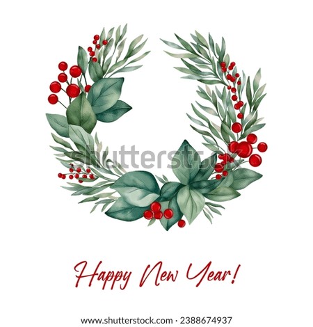 New Year wreath with red berries and lettering. ready made Christmas card design. winter decorative element