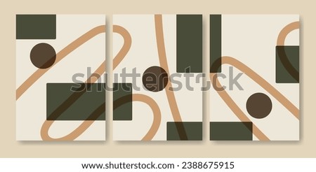 Green and brown abstract aesthetic shapes illustration poster set. Neutral colors painting