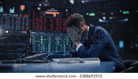 Stressed Stock Exchange Trader Can't Apprehend a Sudden Stock Market Collapse. Financial Crisis Concept with Stock Broker Saddened by Negative Ticker Information, Red Graphs and Real-Time Data Royalty-Free Stock Photo #2388692915