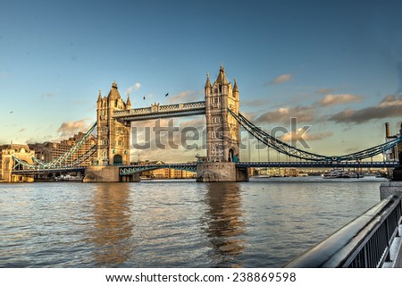 London, view of Tower bridge at sunset from South bank Royalty-Free Stock Photo #238869598