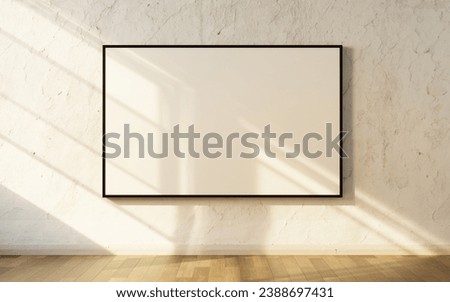 Mockup poster frame in beige studio background for message. Empty room with shadows of window. Display product exhibition background. Blank Picture Frame with Beige Wall