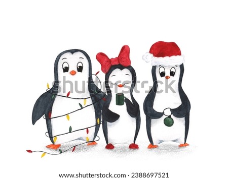 Christmas card with three penguins in the festive mood. Hand drawn and watercolors. A nice illustration for the new year.