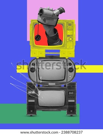 Television industry. Set of tv and video camera against blue background, Influence and journalism. Contemporary art. Concept of y2k style, retro items, vintage, creativity, imagination, surrealism.