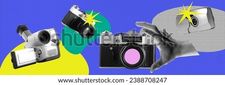Different photo and video cameras against blue background. Journalism, photography and social media. Contemporary art. Concept of y2k style, retro items, vintage, creativity, imagination, surrealism.