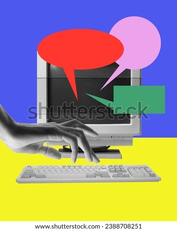 E-marketing. Human hand typing on computer keyboard, many mails on screen, Business communication. Contemporary art. Concept of y2k style, retro items, vintage, creativity, imagination, surrealism.