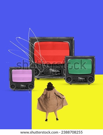 Female in coat standing near giant tv sets. Journalism, social media space. Contemporary art collage. Concept of y2k style, retro items, vintage, creativity, imagination, surrealism.