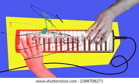 Human hands paying piano against blue yellow background. Musician. Talent expression. Contemporary art collage. Concept of y2k style, retro items, vintage, creativity, imagination, surrealism.
