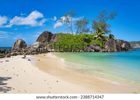 Sunny, white sandy beach, turquoise water at port glaud beach, Mahe, Seychelles 3 Royalty-Free Stock Photo #2388714347