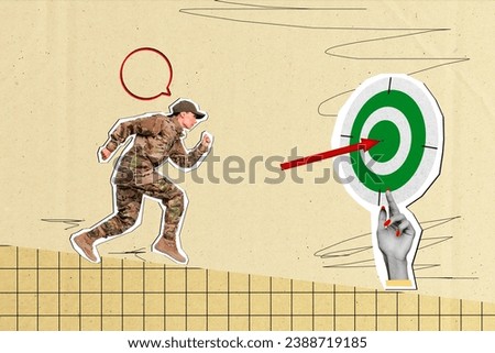 Collage picture image of strong purposeful woman soldier running forward goal hand hold darts board isolated on drawing background