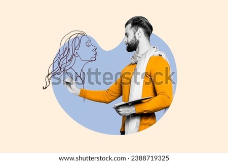 Picture collage image of handsome man artist painting beautiful woman lady face portrait isolated on drawing background Royalty-Free Stock Photo #2388719325