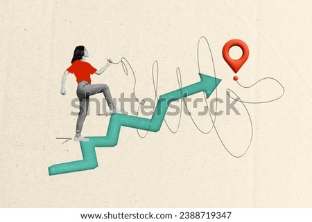 Collage image of determined black white effect girl hold string connection destination location mark walk climb arrow pointer stairs upwards Royalty-Free Stock Photo #2388719347