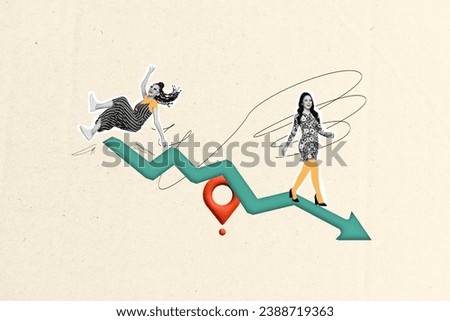 Composite collage picture of two black white colors girls fall walk arrow pointer down geolocation mark isolated on paper background
