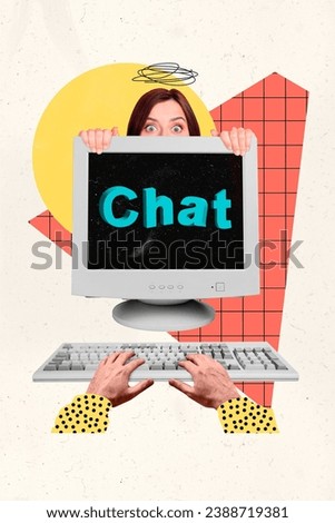 Vertical collage picture of girl hide behind old pc screen chat arms typing keyboard buttons isolated on drawing creative background Royalty-Free Stock Photo #2388719381