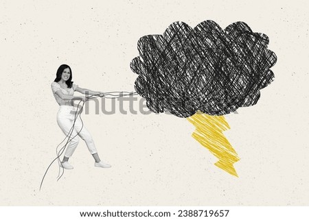 Illustration artwork collage of funny girl hardworking pulls large hand drawn cloud thunder stormy weather isolated on beige background