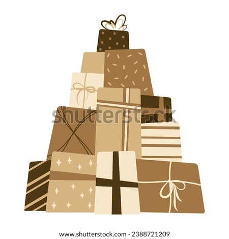 Mountain of craft gift boxes in the shape of a Christmas tree. Flat design element.